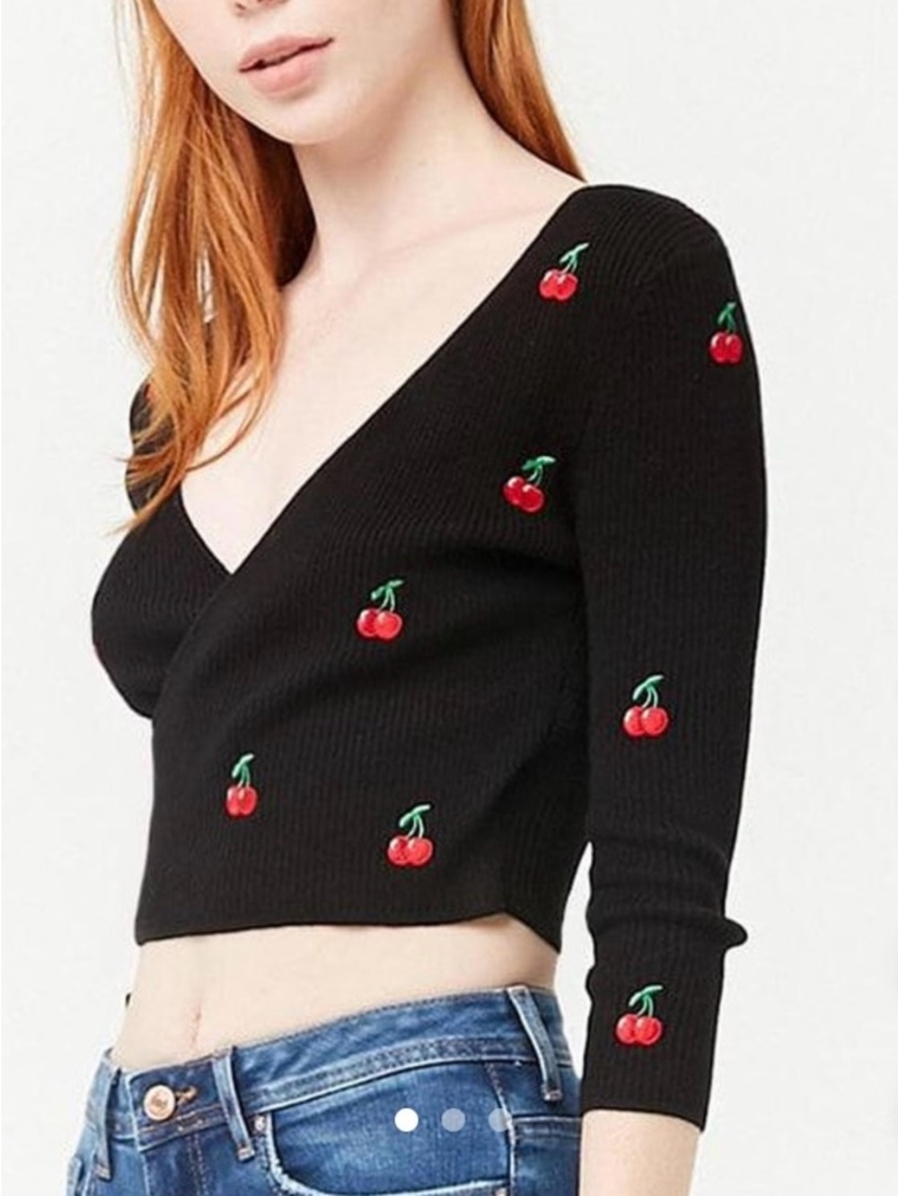 Forever 21 Black Ribbed Cherry Print, Faux Wrap Sweater Top. Cropped. Size L.